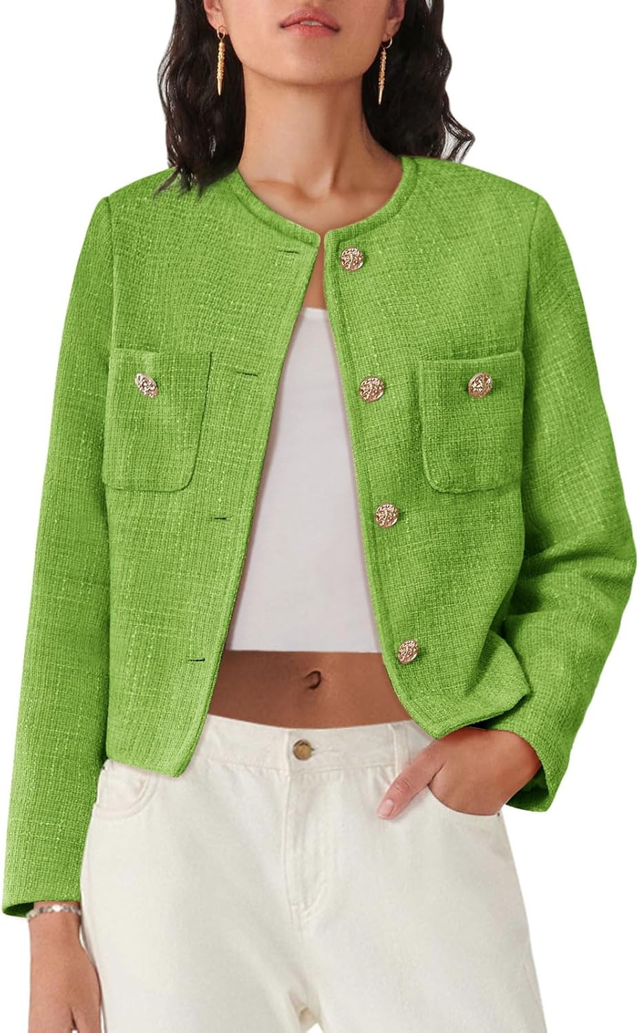 Women's Tweed Blazers Long Sleeve Casual Cropped Jacket Style