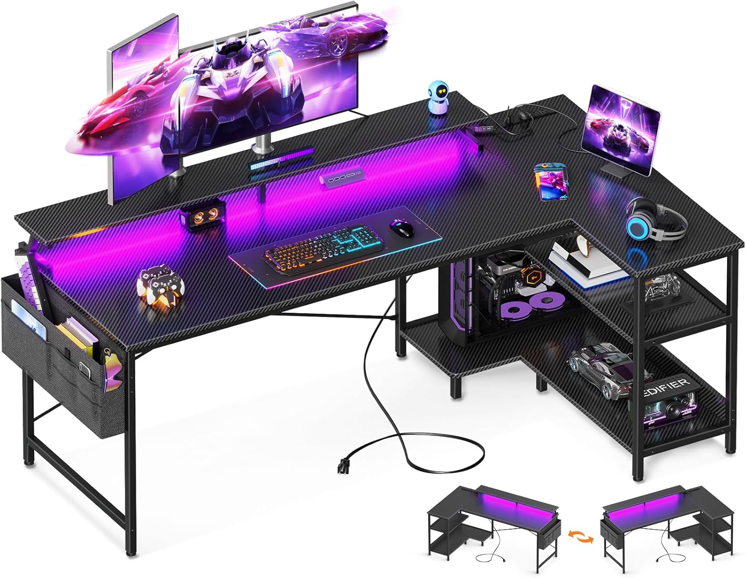 Ultimate Gaming Desk with USB Charger & LED Lights