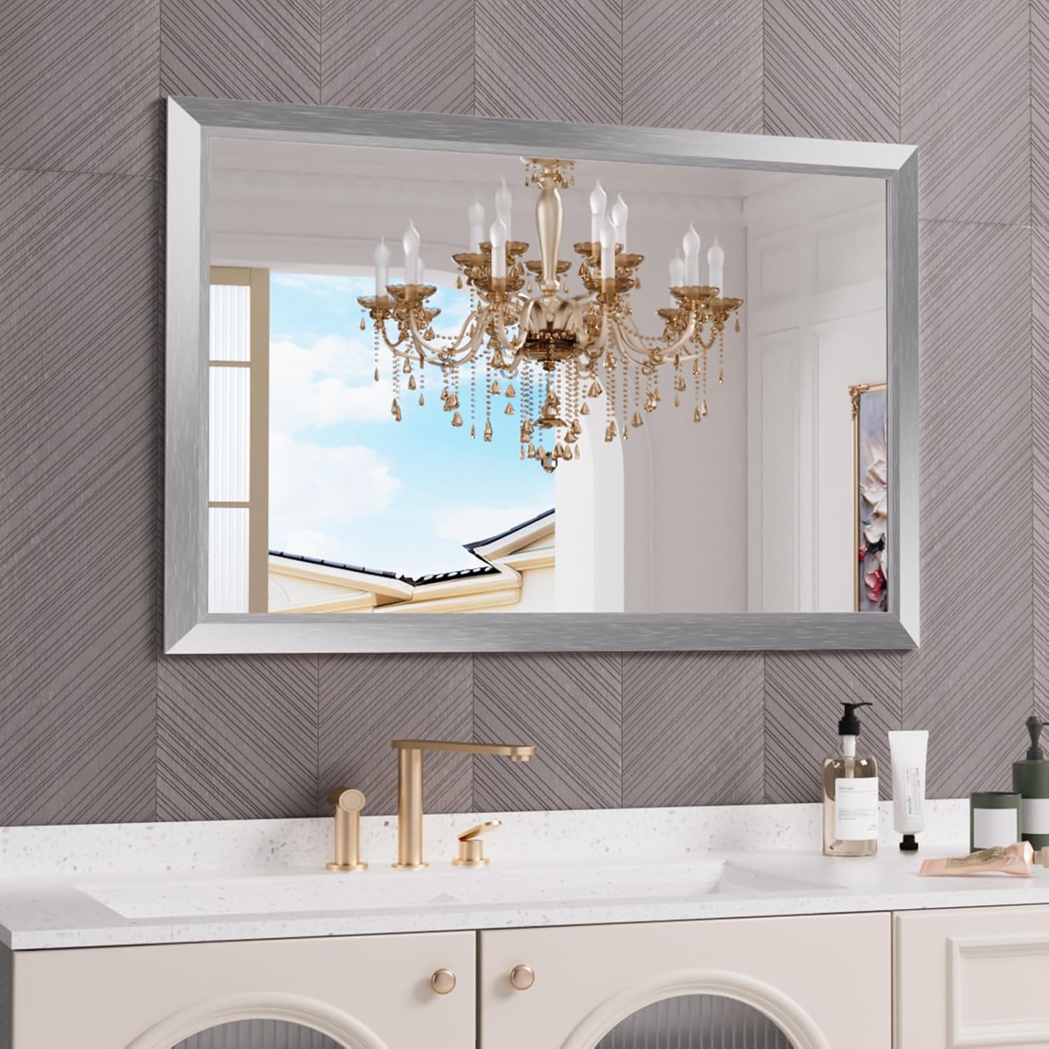 Amorho 48x32 Inch Bathroom Mirror with Stylish Metal Frame