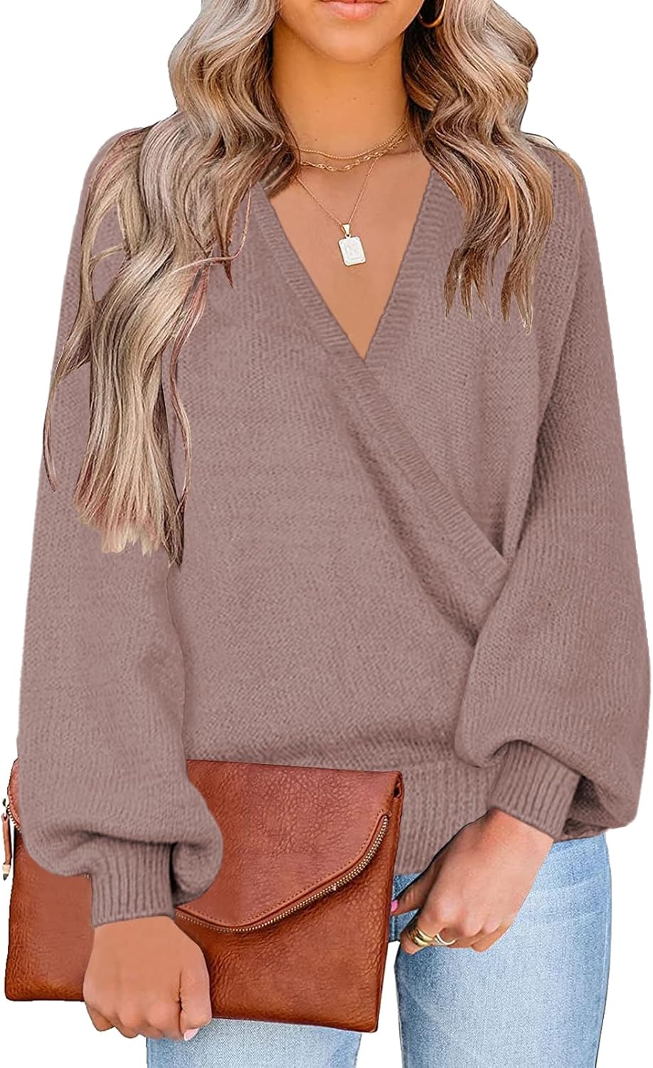 Knit Long Sleeve Faux Wrap V Neck Sweater Top for Women