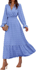 Women Fall Maxi Dress V Neck Swiss Dots - Flowy Ruffle Boho Women's