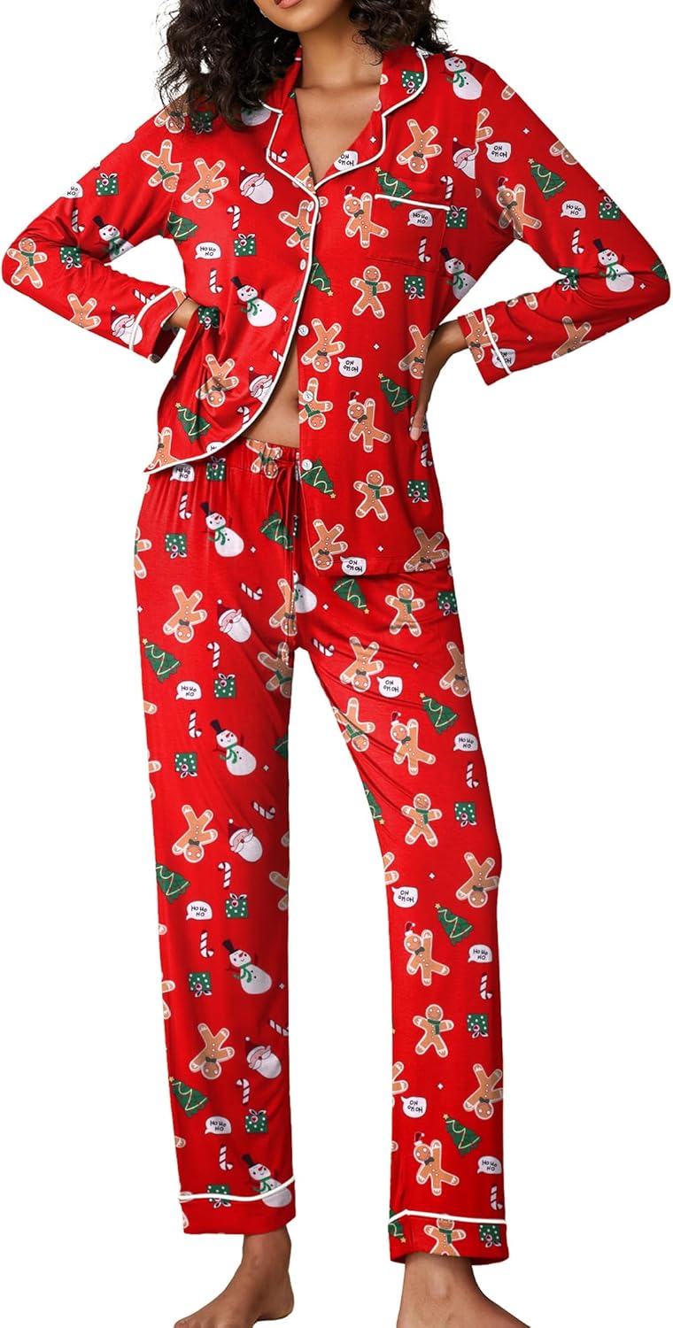 Ekouaer Pajamas Women's Long Sleeve Sleepwear Soft Button Down Set