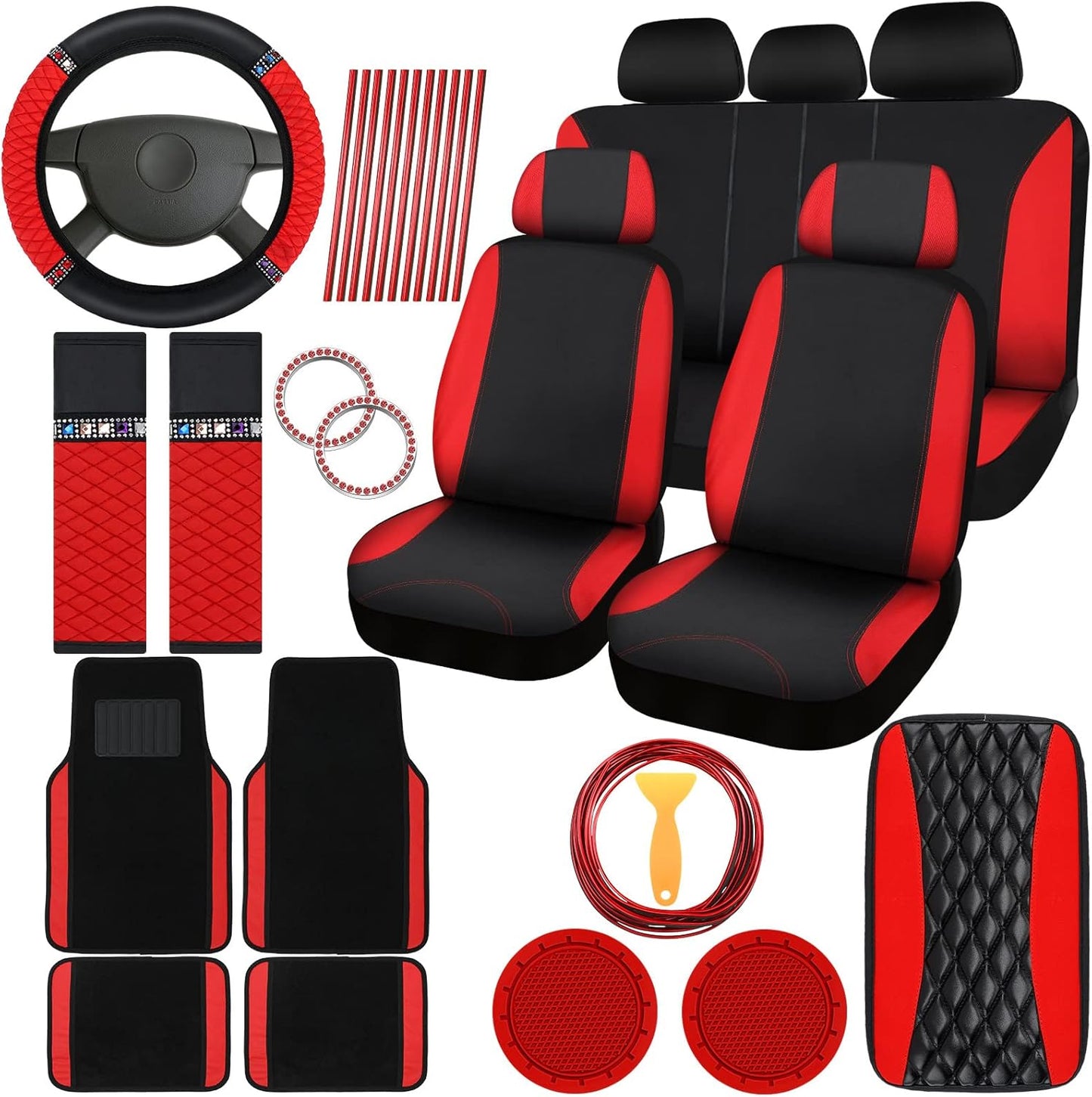 Bling Car Accessories Set for Women - 43 Pcs Red and Black