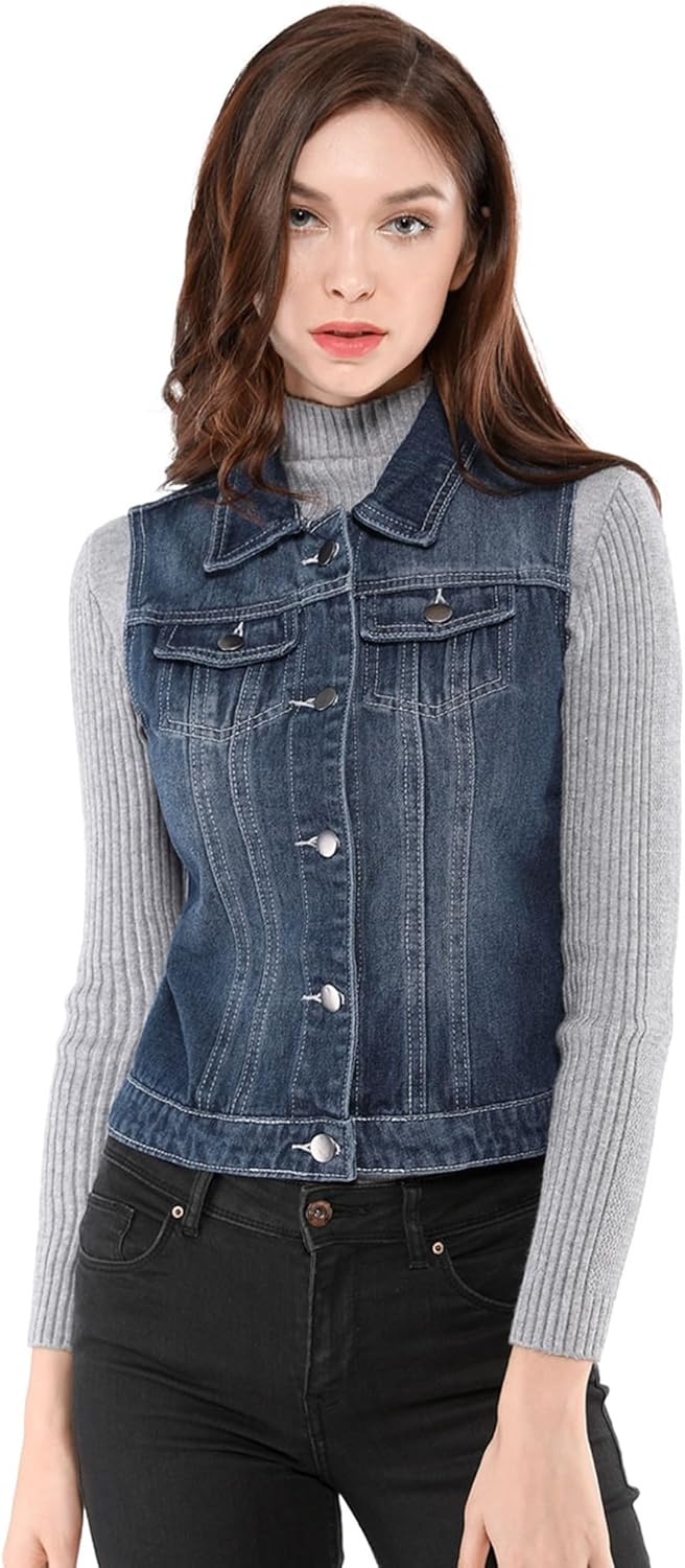 Allegra K Women's Buttoned Washed Denim Vest Jacket for Style