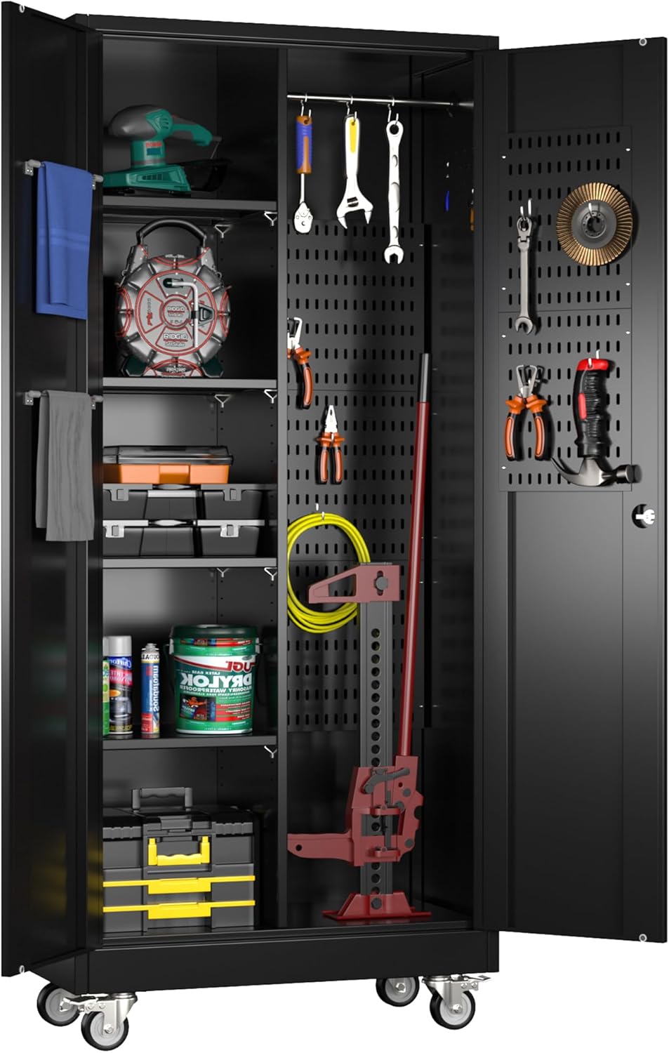 Broom Closet Storage Cabinet with Wheels and Adjustable Shelves