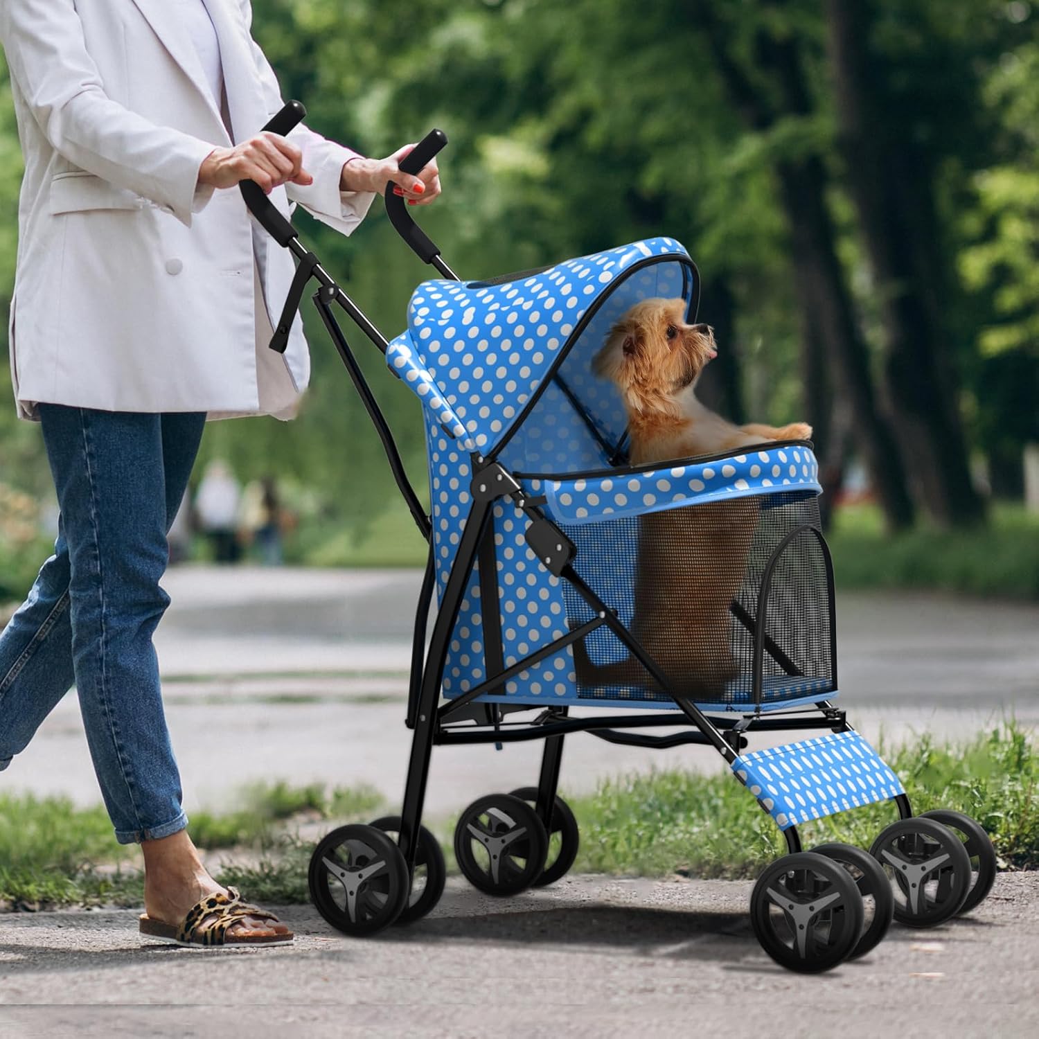 Dog Stroller for Small Dogs Up to 22 lbs - Blue Polka Dots