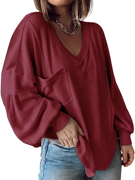 BTFBM Women's Casual V Neck Ribbed Knitted Pullover Tunic Tops