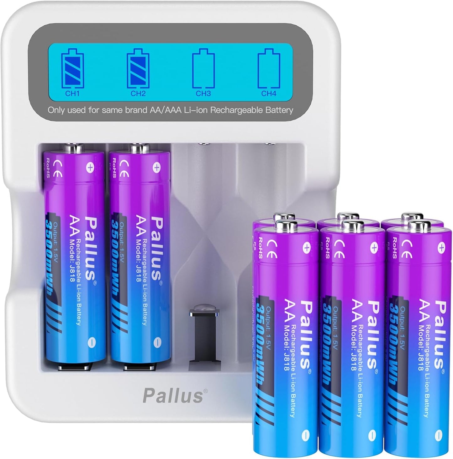 Pallus Lithium AA Rechargeable Batteries with LCD Charger