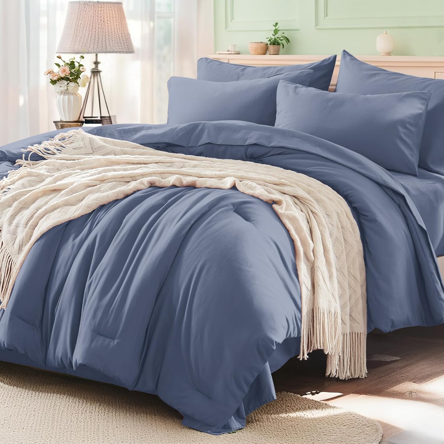 Grayish Blue Queen Comforter Set - 7 Piece All Season Bedding