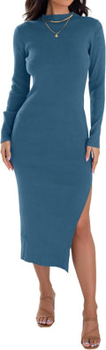 Ribbed Knit Dress for Women with Long Sleeves and Side Slits