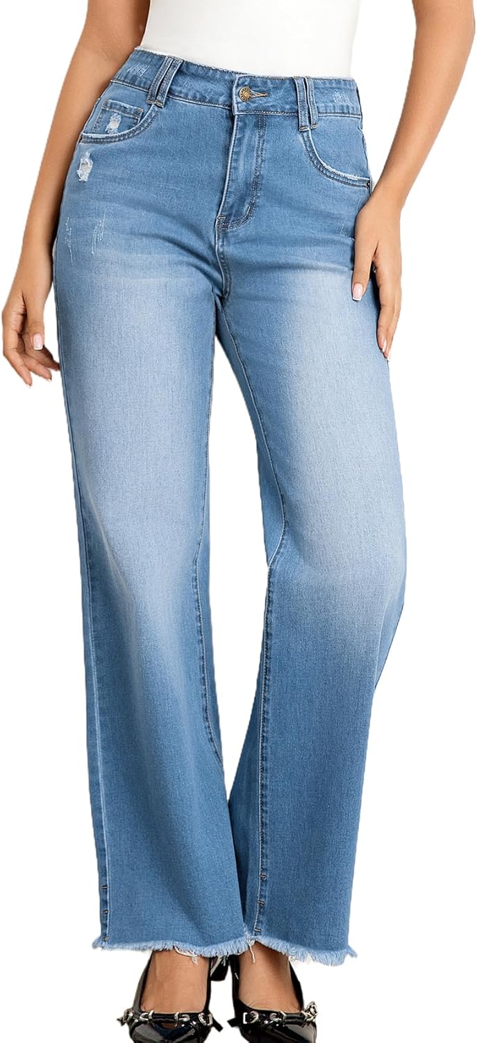 Wide Leg Jeans for Women with Mid High Waist and Raw Hem