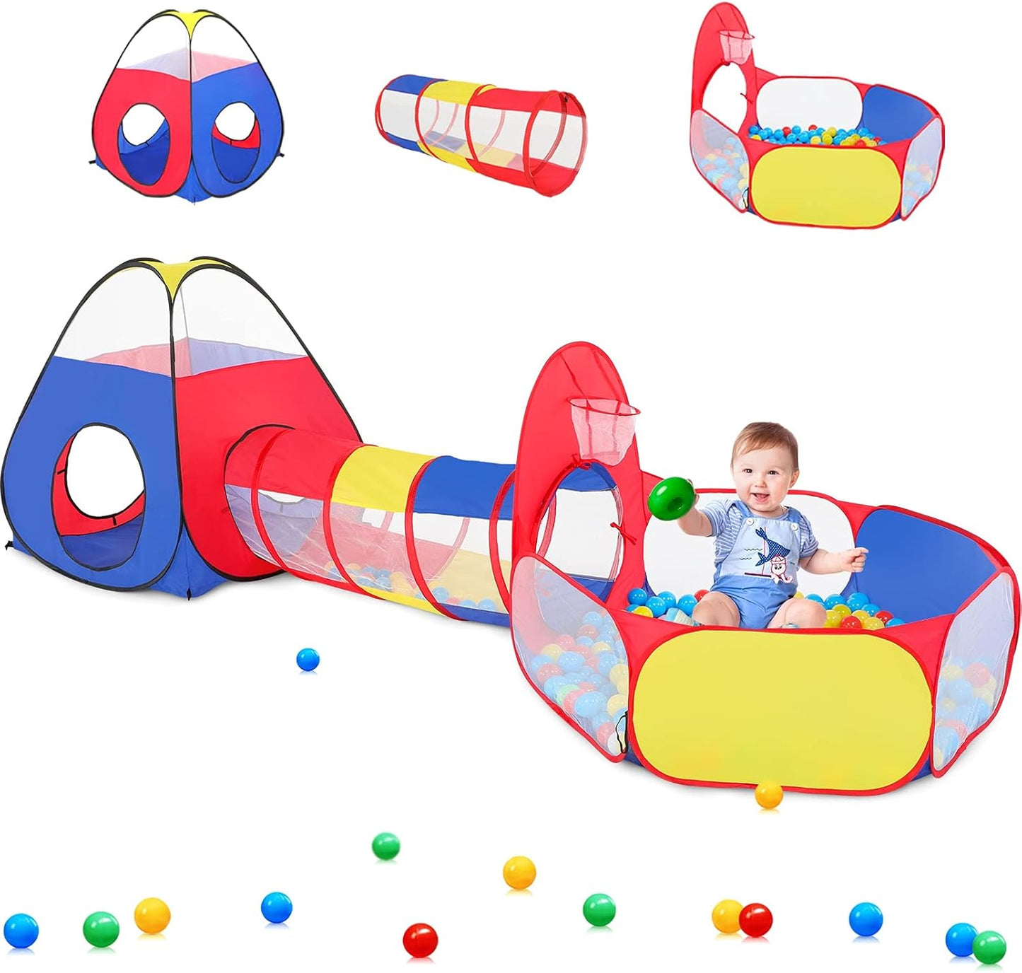 PigPigPen 3 in 1 Kids Play Tent with Tunnel and Ball Pit