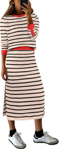Women 2 Piece Striped Sweater Skirt Set - Casual Fall Midi Outfit