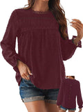Womens Boho Tops Long Sleeve Crewneck Swiss Dot Crochet Hollow Top cut