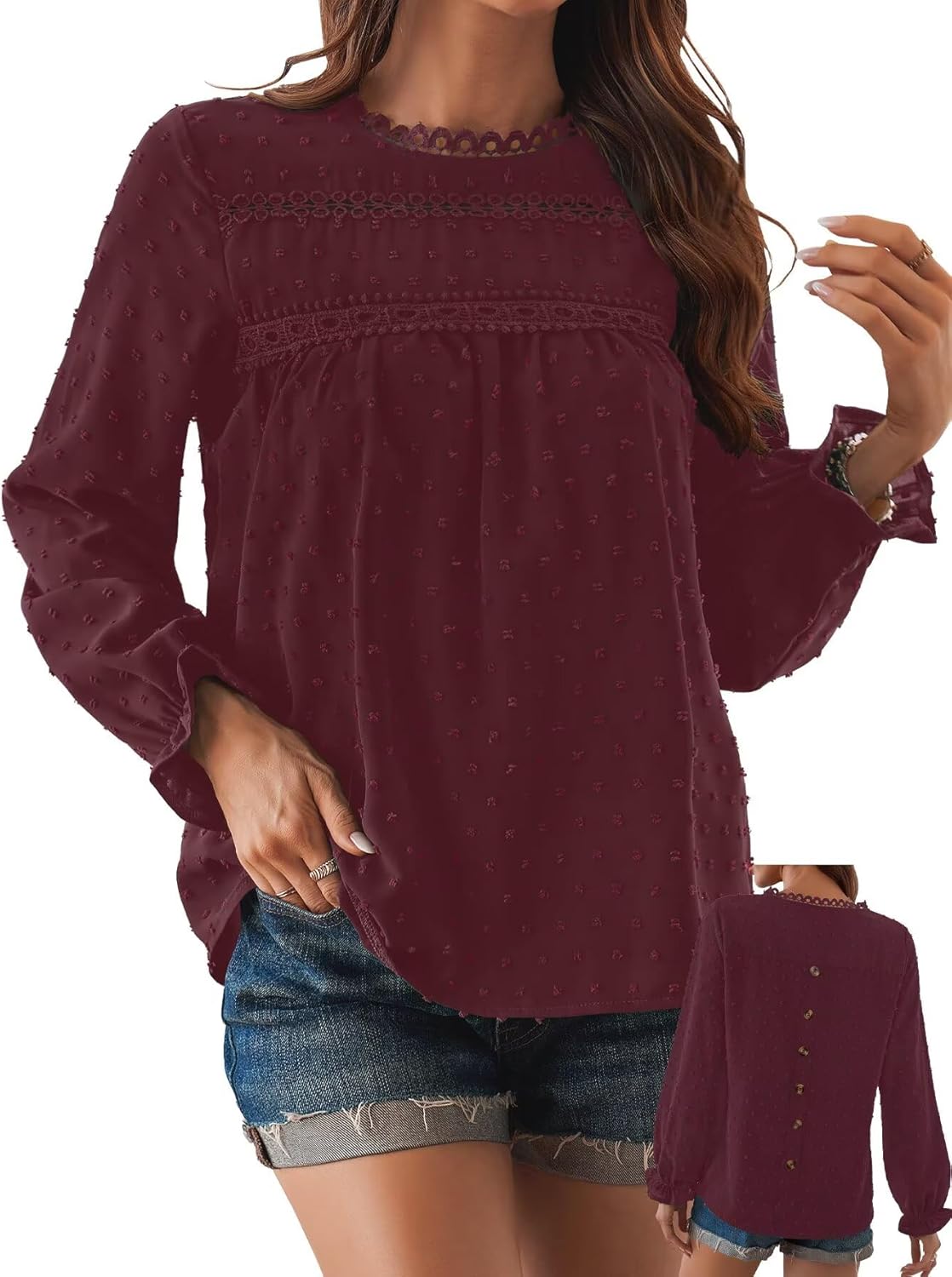 Womens Boho Tops Long Sleeve Shirts Cute Crewneck Blouse 2025
