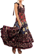 Women Floral Maxi Dress with Tie Shoulders - Boho Smocked Sundress