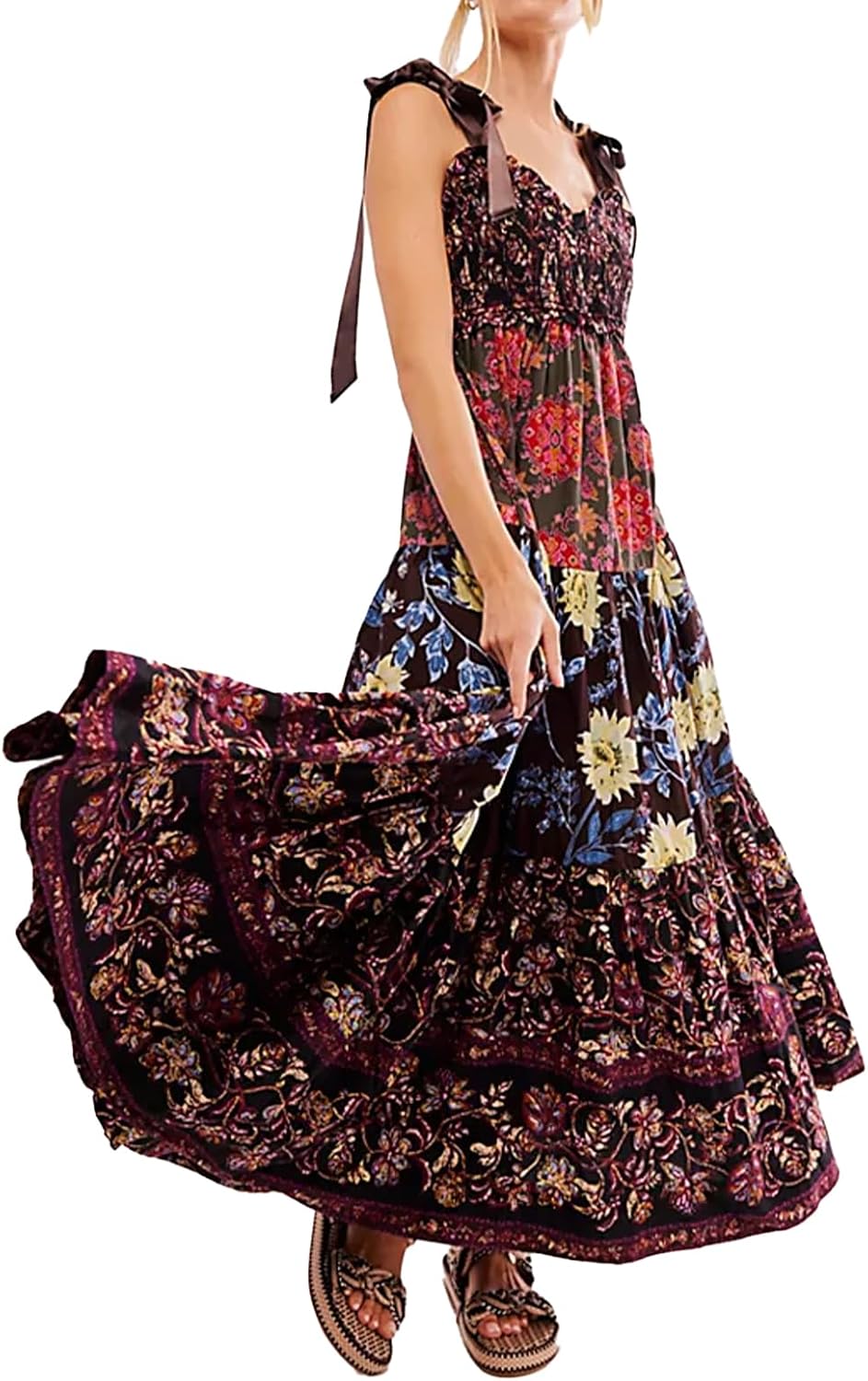 Women Floral Maxi Dress Sleeveless Tie Shoulder Bohemian Style