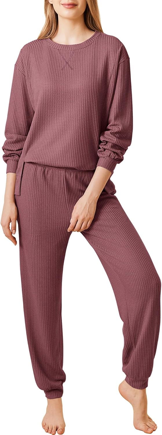 Ekouaer Waffle Knit Lounge Sets for Women Long Sleeve Pajamas