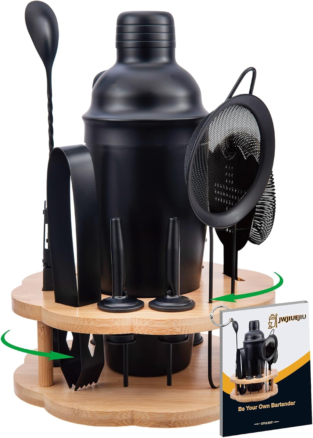 Cocktail Shaker Set with Rotatable Bamboo Stand for Mixing Drinks