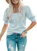 Womens Cute Short Puff Sleeve Sweater Top - Lightweight Pointelle Knit