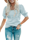 Womens Cute Short Puff Sleeve Sweater - Lightweight Pointelle Knit