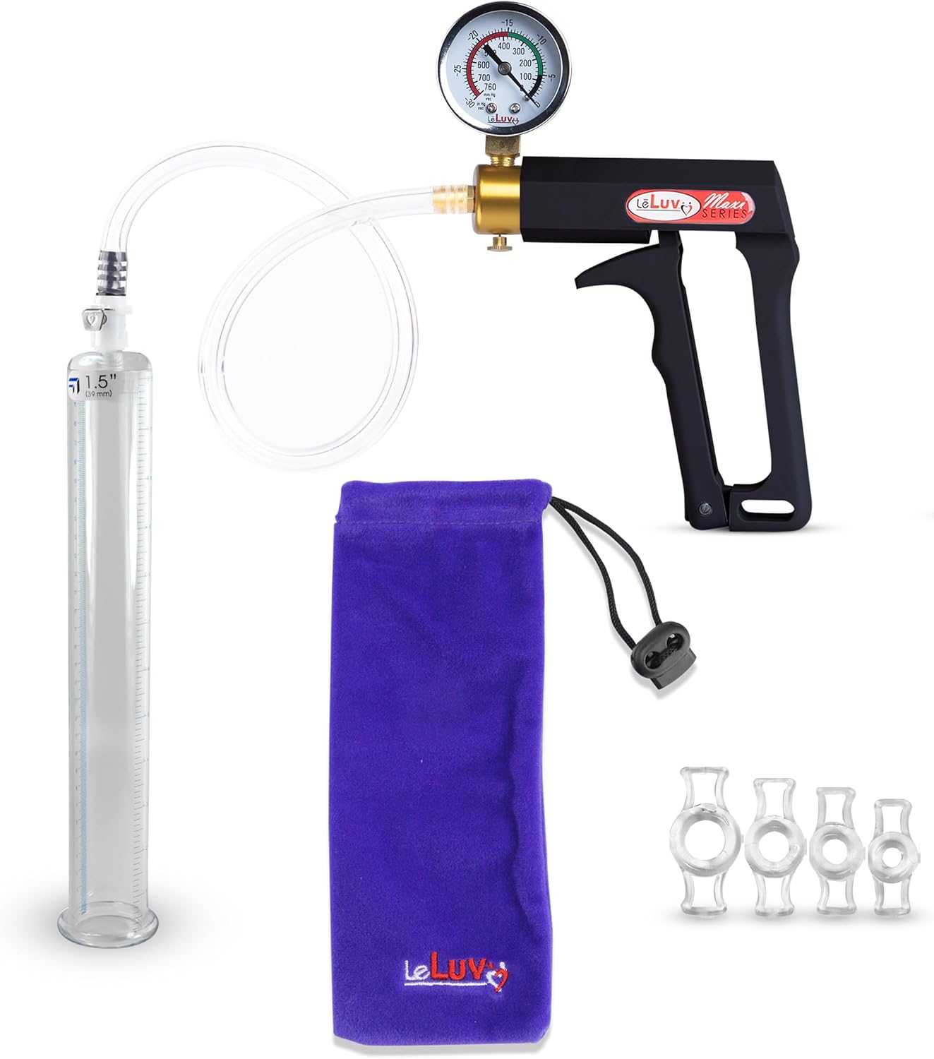 LeLuv Penis Pump Maxi with Gauge and Constriction Rings Bundle