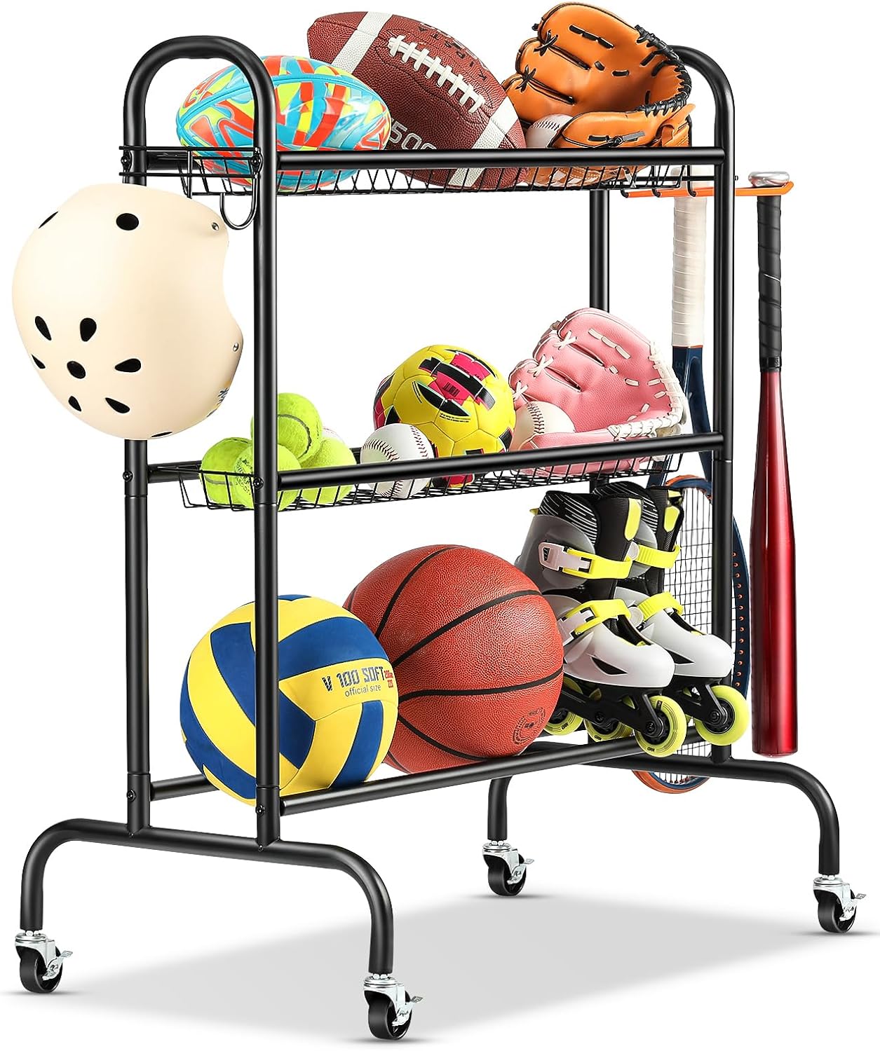 Basketball Racks for Balls - 3-Layer Rolling Ball Storage Cart