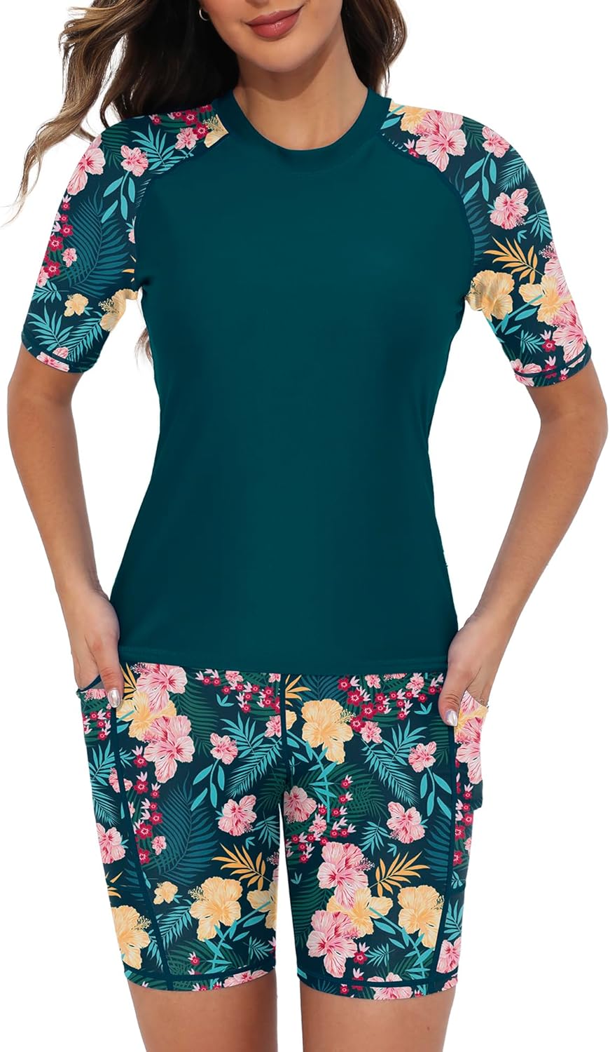 Tournesol Women's Two Piece Rash Guard Swim Set with Pockets