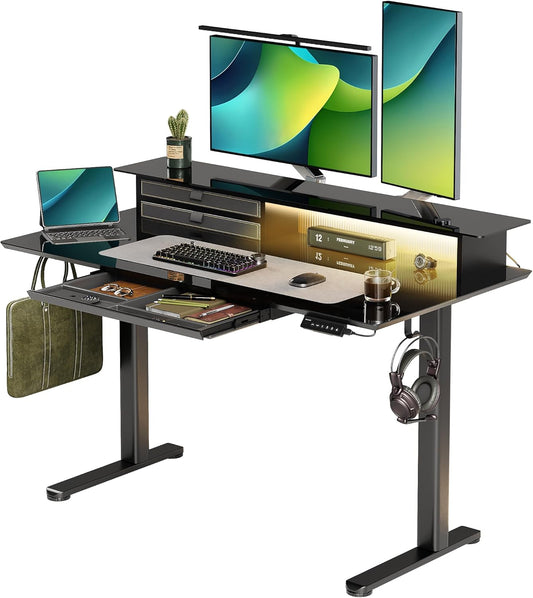 Innovative Glass Standing Desk with 3 Drawers & USB Ports