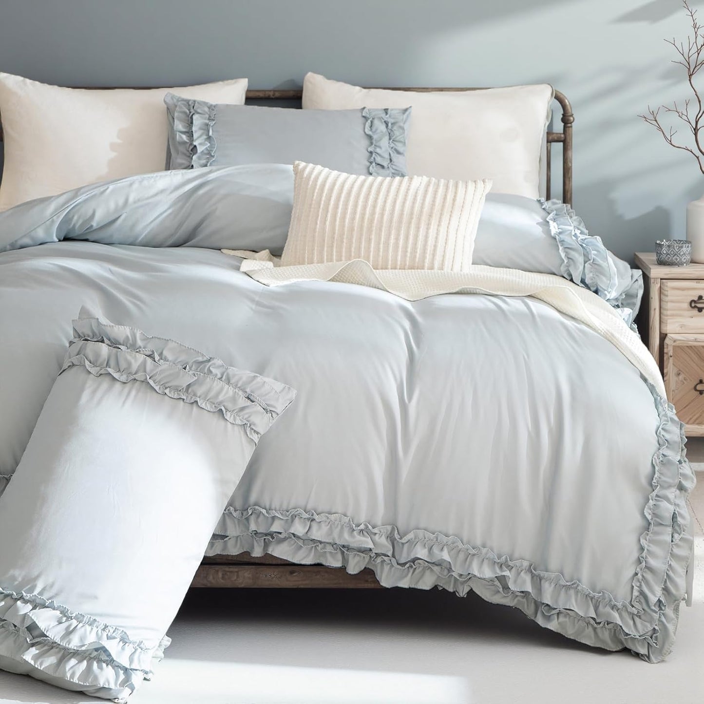 Ruffled Queen Duvet Cover Set in Blue Grey for Chic Bedrooms