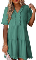 Womens V Neck Short Sleeve A-Line Mini Dress - Flowy Summer Fit