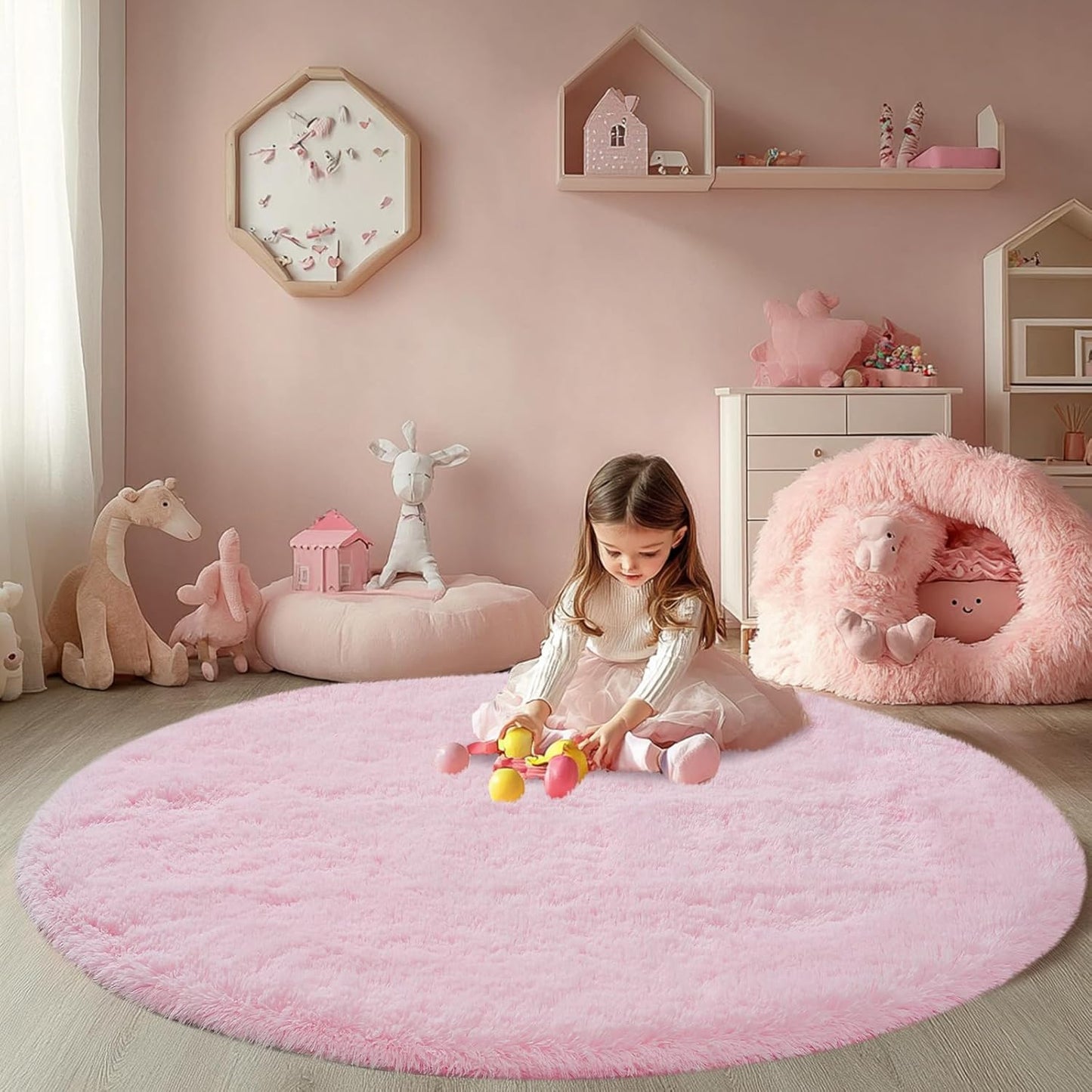 Round Fluffy Pink Rug 5x5ft: Ultra Soft Furry Carpet for Kids