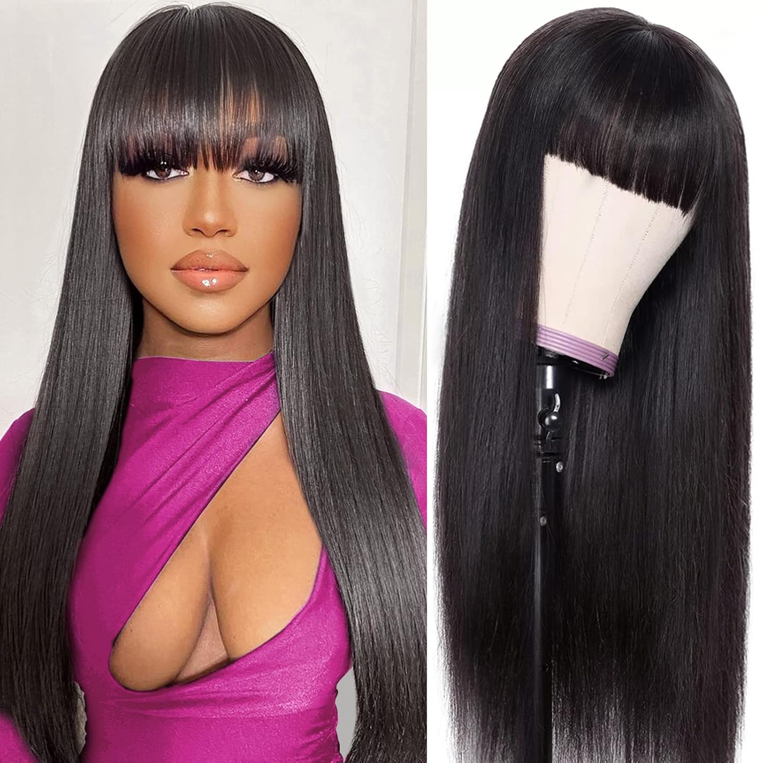 Straight Human Hair Wigs With Bangs for Black Women - 18 Inch