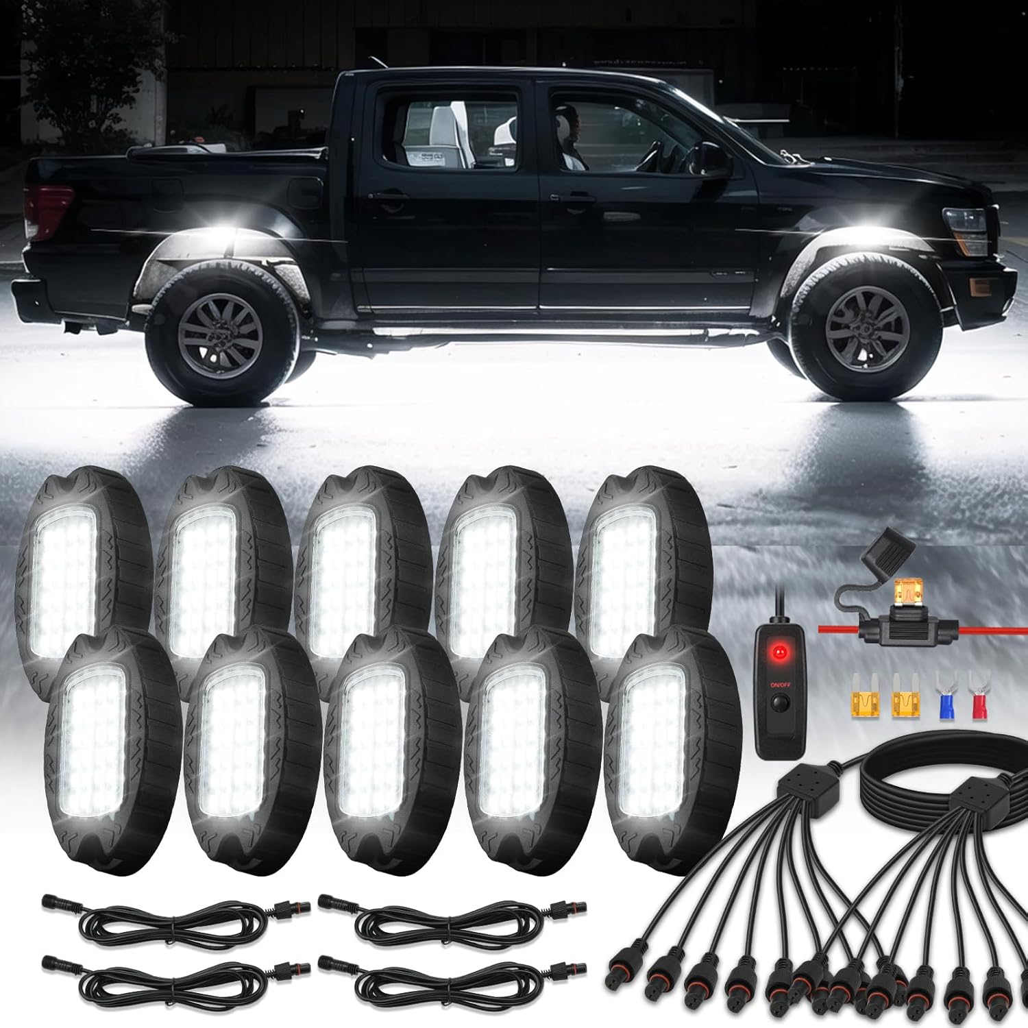 10Pods Metal Bright Pure White LED Rock Lights Kit for Trucks
