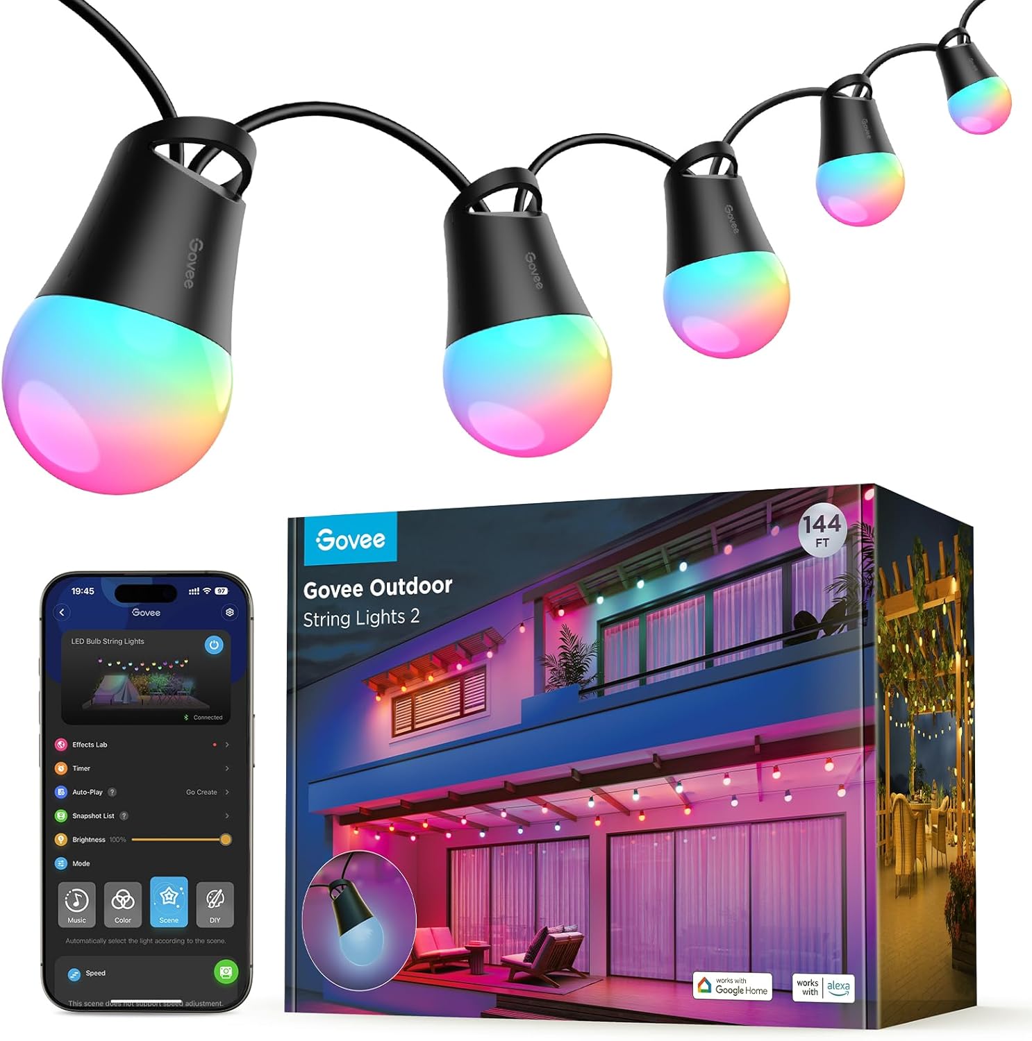 Govee Smart Outdoor String Lights 144ft with Dimmable LED Bulbs