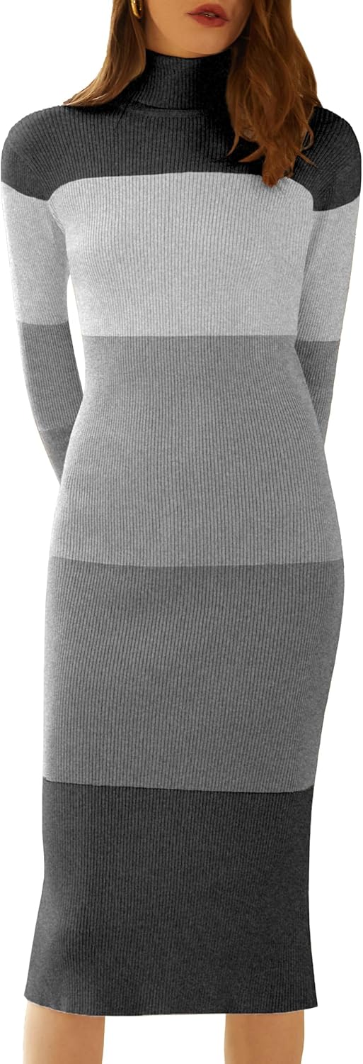 Stylish Women's Turtleneck Ribbed Knit Long Sleeve Sweater Dress