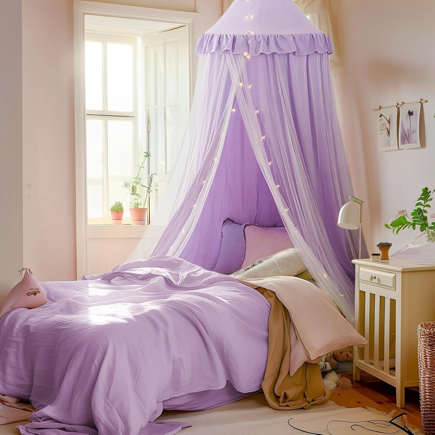 Bed Canopy with Star Lights for Girls Room - Double Layer Design
