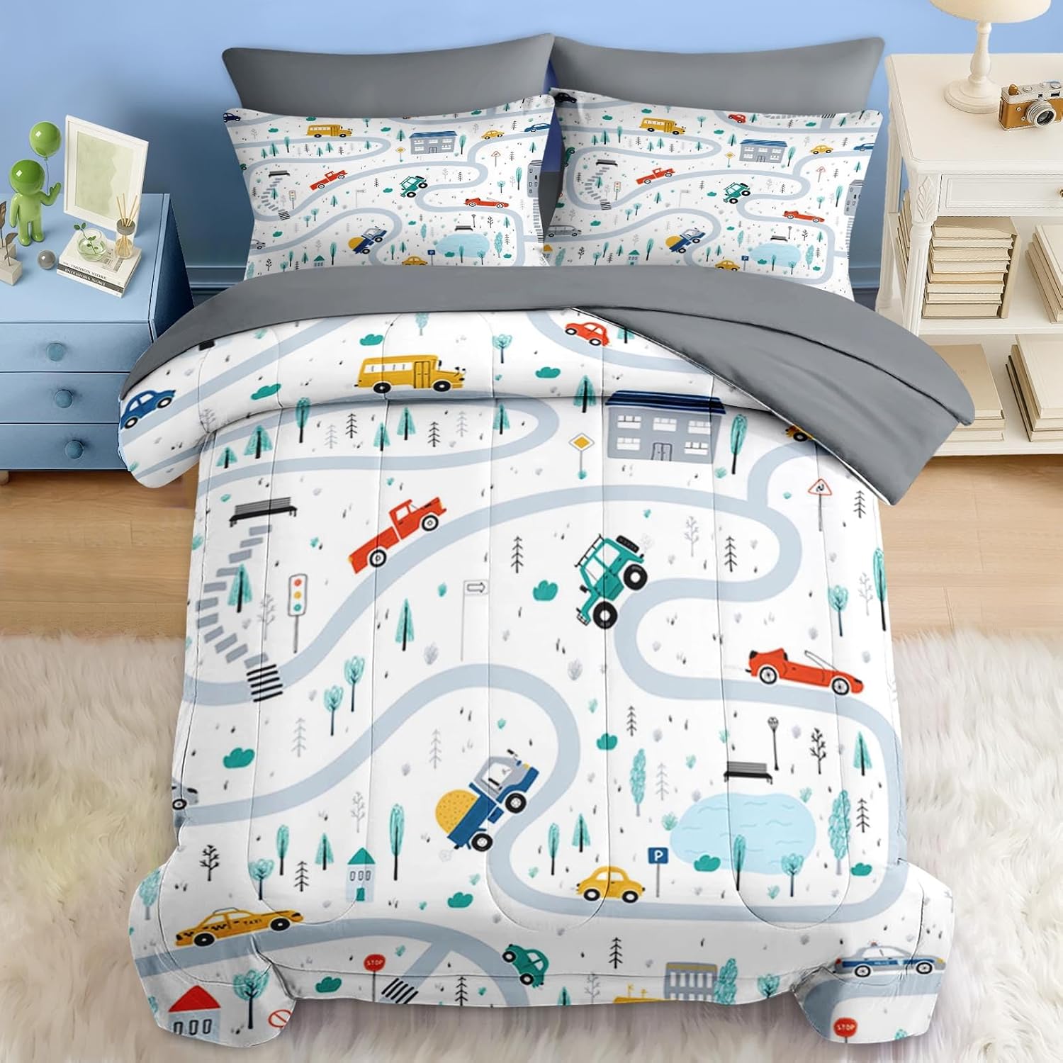 Comforter Set Twin Size with Cute Car City Design for Kids