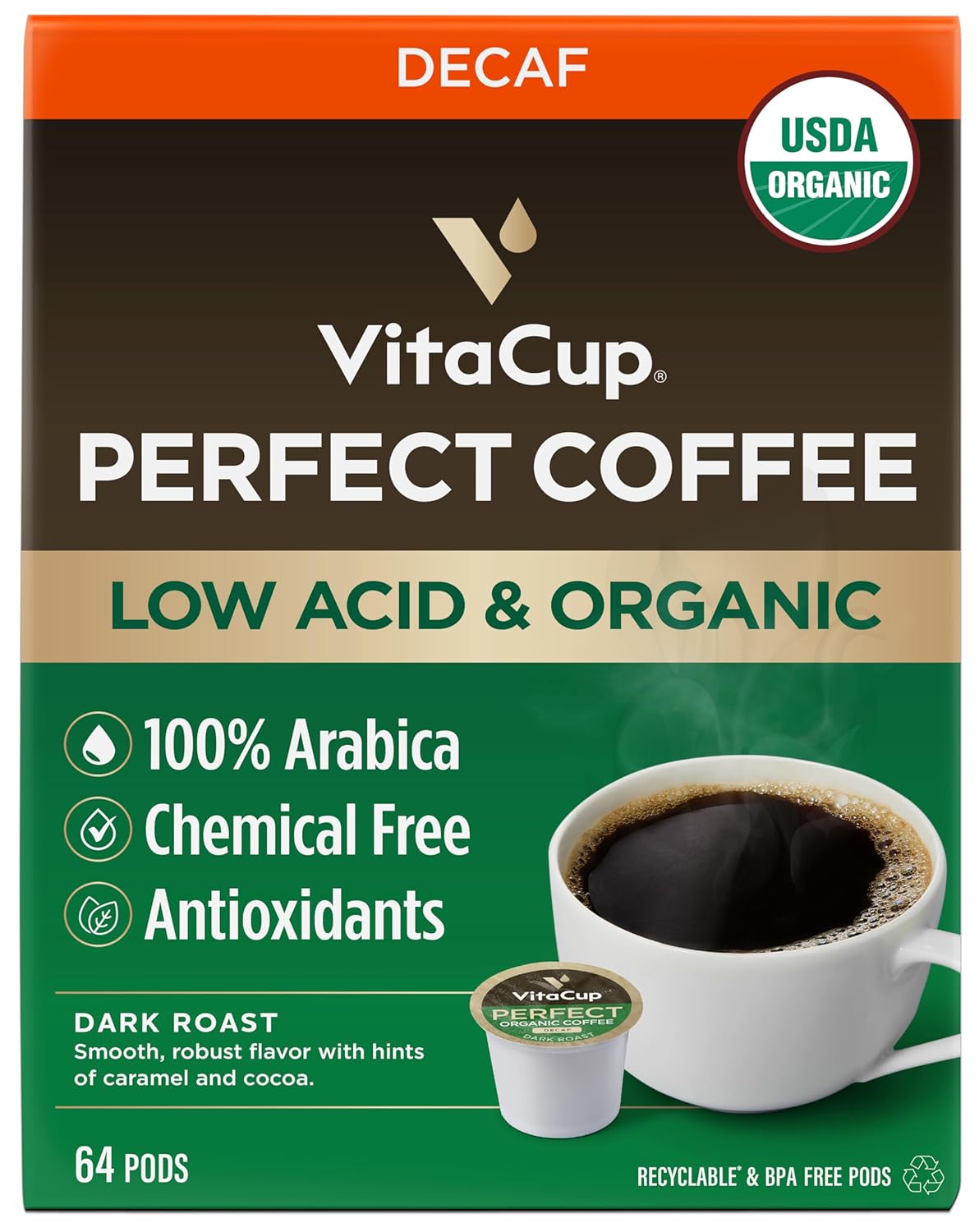 VitaCup Organic Perfect Dark Roast Decaf Coffee Pods for Energy