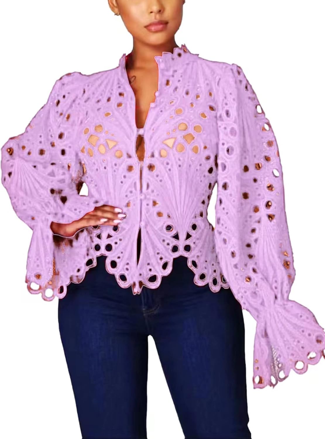 Doweha Womens Sexy Ruffle Long Sleeve Summer Lace Tops 2025