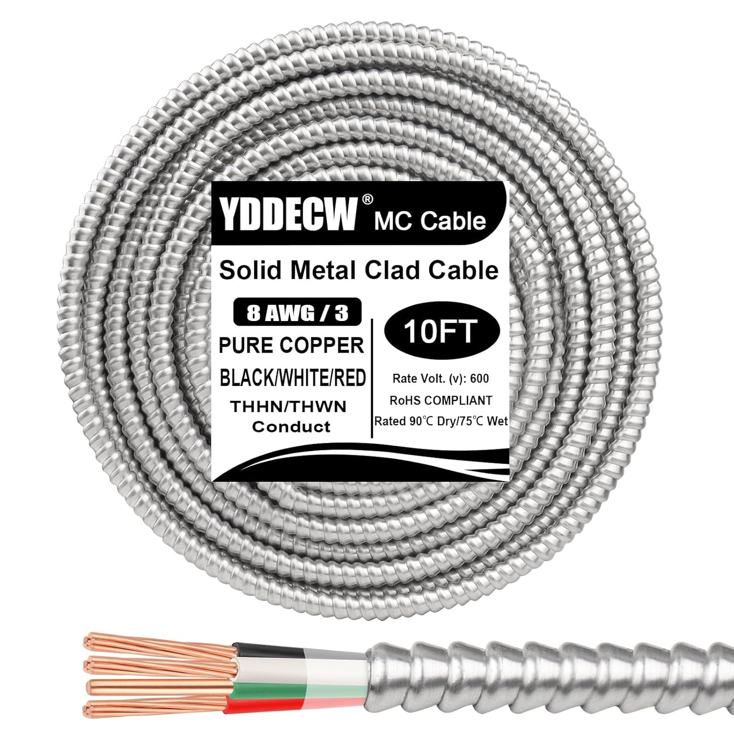 10ft 8/3 Metal Clad Cable with Ground for Indoor Outdoor Use