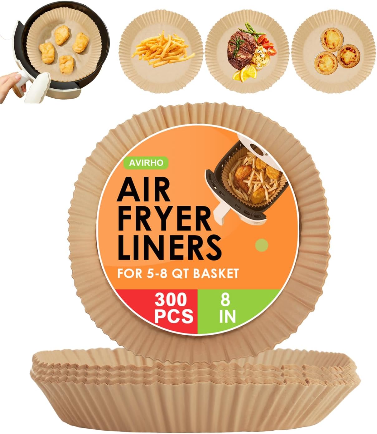 Avirho 8 Unbleached Air Fryer Liners - 300pcs Non-Stick Sheets