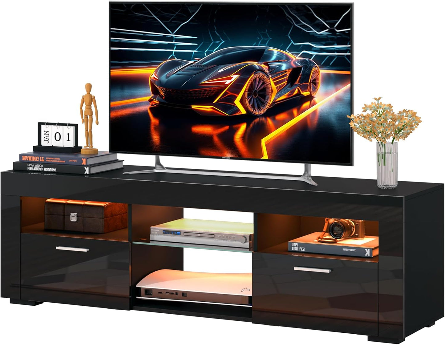 55 High-Gloss TV Stand, Spacious Storage (Black) - SANYOAC