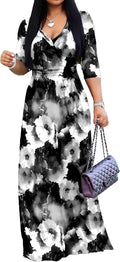 pnpednde Women's Casual Sexy V Neck 3/4 Sleeves Maxi Dress - Flowy is