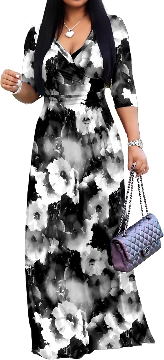 Stylish Women's Casual Sexy V Neck 3/4 Sleeves Maxi Dress