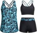Tankini Swimsuit for Women Blue Leaf 3-Piece Set - Tummy Control