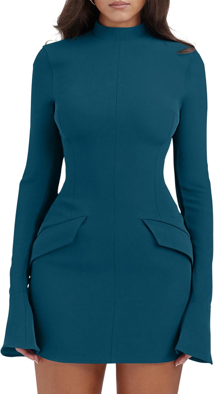 YMDUCH Women's Long Sleeve Mock Turtle Neck Mini Dress Review