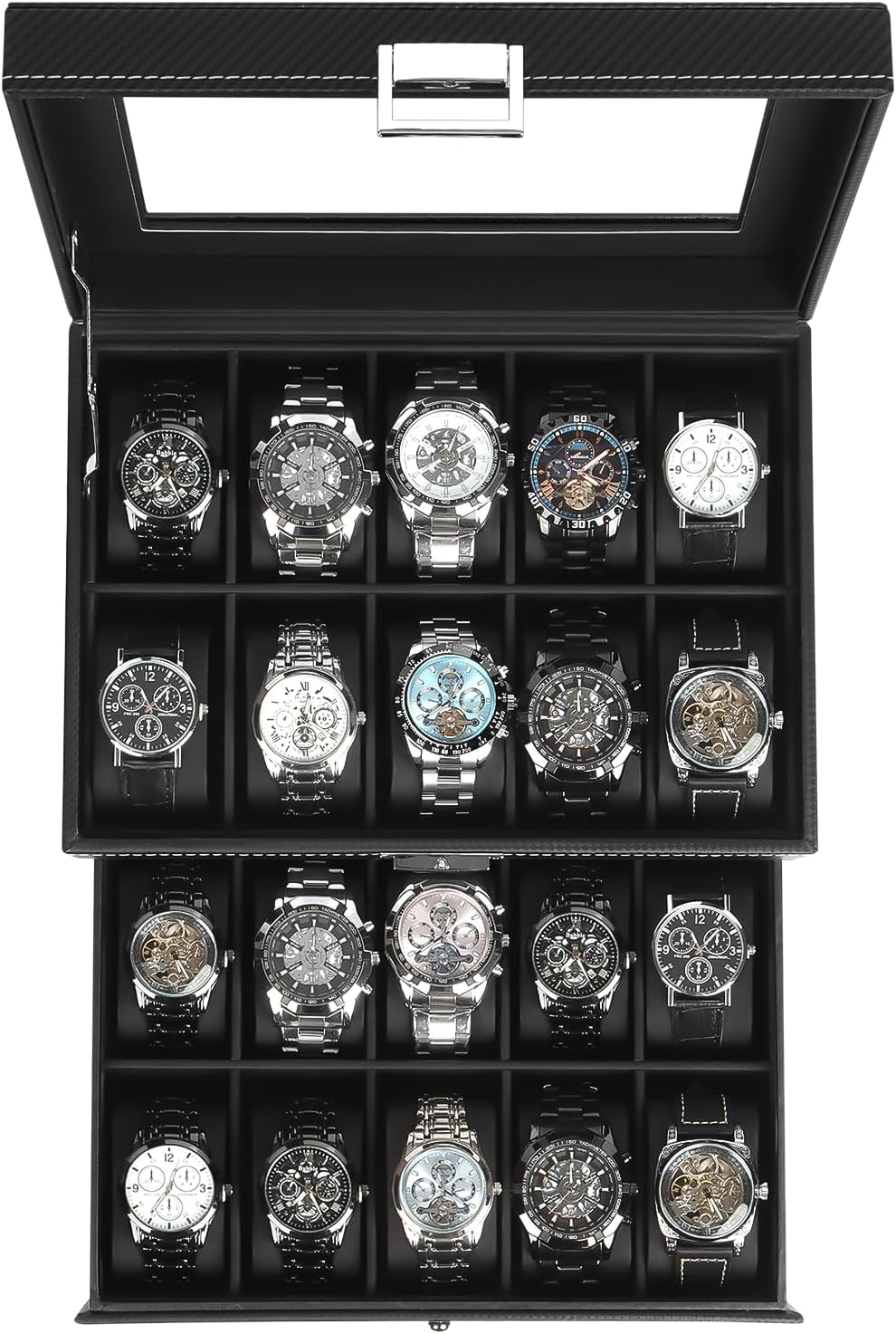 20-Slot Watch Case for Men with Glass Lid and Lock Design