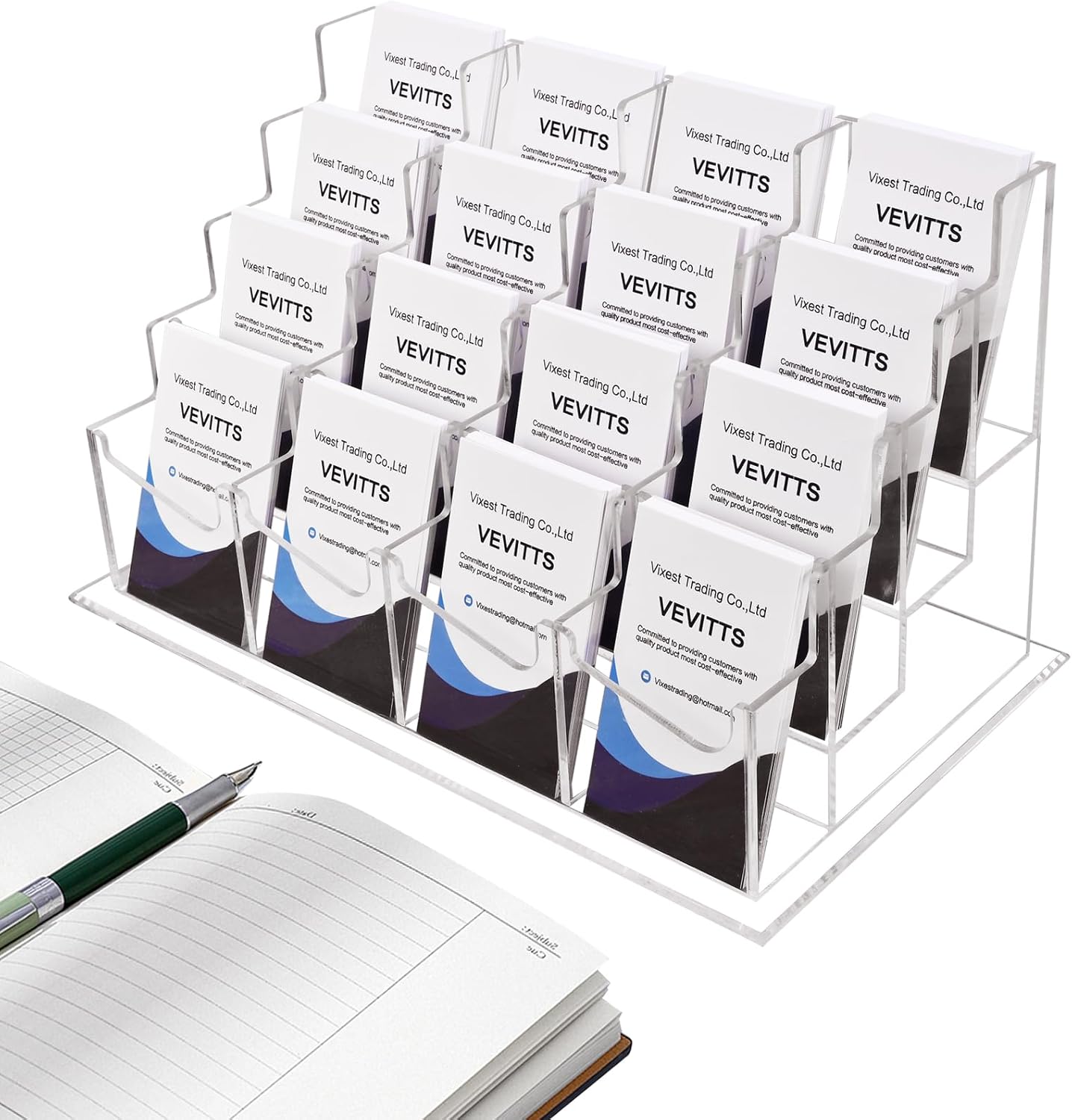 Clear Vertical Business Card Holder for Desk - 4 Tiers 16 Pockets