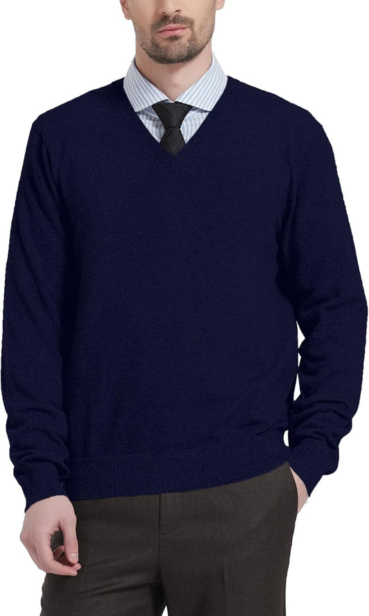 Kallspin Men's Wool Blend V-Neck Sweater for Fall Winter Wear